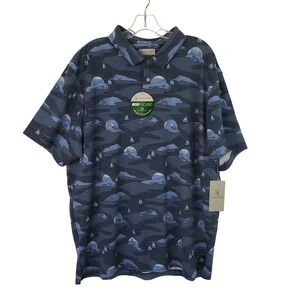 PGA TOUR Men Small Golf Polo Shirt Insignia Blue Sunset Sailboat Pattern Stretch